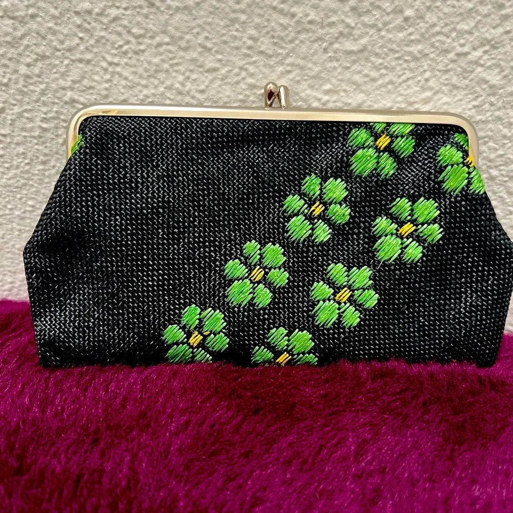Black Raffia Clutch Bag with Green Embroidery Design - Picture 2 of 7